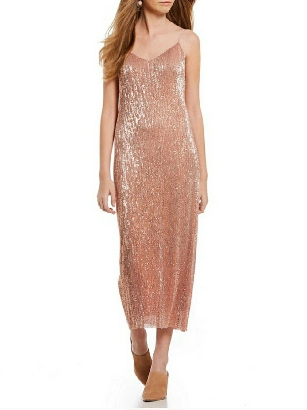 NWT 1. State Dramatic Pause Lustre Nude Sequin Midi Slip Dress